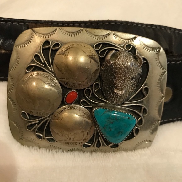 Native American Sterling Belt Buckle Buffalo Nickels Turquoise Coral Bear Claw